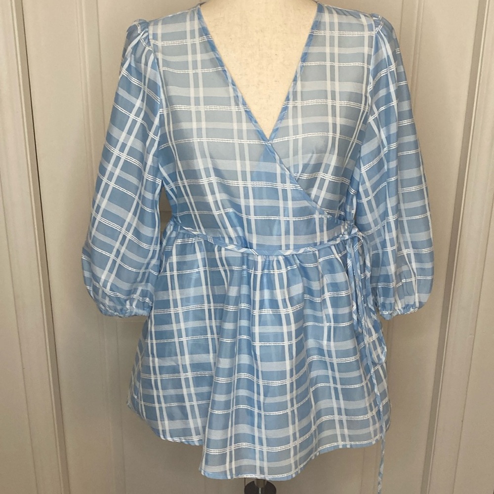 Future Collective Karefa-Johnson Blue and white window pane sheer top Medium